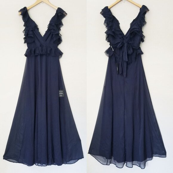 NEW Lulus Navy Blue Ruffled Tie-Back Maxi Dress S Gown Chiffon Fairy Romantic - Picture 5 of 16